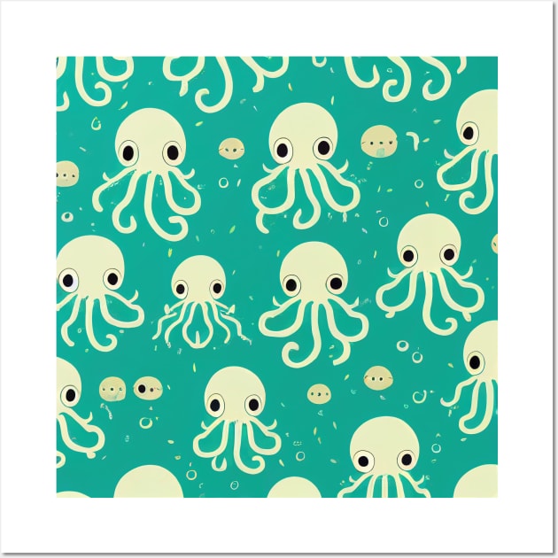 Green Octopuses in a Green Sea - Super Cute Colorful Octopus Pattern Wall Art by JensenArtCo